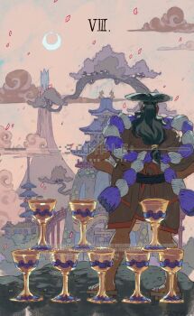  1boy black_hair castle cloud commentary cup falling_petals full_body hands_on_own_hips highres japanese_clothes kimono kouzuki_oden long_hair male_focus one_piece orange_kimono outdoors petals pink_petals ponytail roman_numeral rope sample_watermark shimenawa siyangou49 solo watermark 