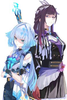  2girls absurdres adapted_costume aiguillette alternate_costume ascot belt black_hair blue_eyes blue_fire bright_pupils buttons cerydra_(honkai:_star_rail) chinese_commentary choker clothing_cutout commentary_request crossed_arms crown fire gloves gradient_hair headpiece highres honkai:_star_rail honkai_(series) hysilens_(honkai:_star_rail) layered_clothes long_hair military_uniform mini_crown multicolored_hair multiple_girls pants partially_shaded_face purple_eyes streaked_hair symbol-shaped_pupils tea5s white_hair 