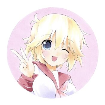  1girl :d blonde_hair blue_eyes blush breasts highres lucky_star neckerchief one_eye_closed open_mouth patricia_martin pink_neckerchief portrait red_sailor_collar ryouou_school_uniform sailor_collar school_uniform serafuku shiki_59 shirt short_hair smile w white_background white_shirt  rating:General score:1 user:danbooru