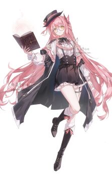  1girl absurdres artist_name black_bow black_bowtie black_cape black_coat black_skirt book boots bow bowtie braid butterfly_hair_ornament buttons cape center_frills closed_mouth coat collared_shirt expressionless eyewear_strap fold-over_boots footwear_bow frilled_shirt frilled_skirt frilled_sleeves frilled_socks frills full_body glasses hair_bow hair_ornament hand_up hat hat_bow high-waist_skirt highres holding holding_book ke_song_da_ren_ye knee_boots kneehighs layered_sleeves leg_up legwear_garter long_hair long_sleeves looking_at_viewer miniskirt open_book open_clothes open_coat original pink_bow pink_bowtie pink_hair pleated_skirt puffy_long_sleeves puffy_sleeves ribbon round_eyewear sample_watermark shirt shirt_tucked_in side_braid sidelocks simple_background skirt sleeve_cuffs socks solo standing standing_on_one_leg suspender_skirt suspenders tachi-e thigh_strap two-sided_fabric very_long_hair watermark weibo_username weibo_watermark white_background white_shirt white_socks yellow-framed_eyewear yellow_eyes 