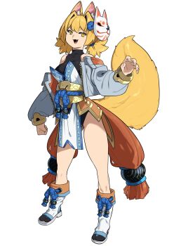  1girl animal_ear_fluff animal_ears black_leotard blonde_hair blue_rope boots breasts commentary_request cropped_jacket fang fox_ears fox_girl fox_mask fox_tail full_body grey_jacket hair_intakes heattech_leotard highres jacket japanese_clothes kimono leotard looking_at_viewer mask medium_breasts medium_hair obi off-shoulder_jacket off_shoulder open-toe_boots open_mouth original ribbon-trimmed_kimono ribbon_trim rope sash shimenawa short_eyebrows short_kimono short_twintails smile solo tabi tail thick_eyebrows turtleneck twintails two-tone_kimono white_background white_kimono yellow_eyes yoshimaro 