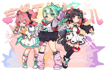  3girls ;p angels_of_delusion aria_(zenless_zone_zero) arm_warmers bandaid bandaid_hair_ornament bare_shoulders black_bow black_hair black_skirt black_thighhighs boots bow collared_shirt commentary_request dress earrings full_body fur-trimmed_skirt fur-trimmed_sleeves fur_trim green_bow green_eyes green_hair hair_ornament halo heisei_retro highres inchoo22 jewelry leg_warmers multicolored_hair multicolored_leg_warmers multiple_girls multiple_hair_clips multiple_thigh_straps musical_note_earrings nangong_yu necktie one_eye_closed pink_arm_warmers pink_bag pink_hair pink_leg_warmers red_eyes red_necktie shirt short_twintails skirt smile standing standing_on_one_leg streaked_hair striped_arm_warmers striped_leg_warmers sunna_(zenless_zone_zero) thigh_strap thighhighs tongue tongue_out twintails v white_boots white_dress white_shirt winged_bag zenless_zone_zero 