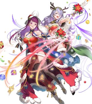  2girls animal_ears antlers attack breasts camilla_(fire_emblem) camilla_(flurry_embrace)_(fire_emblem) candle candlestand capelet cleavage commentary_request deer_ears dress fake_animal_ears fake_antlers fire_emblem fire_emblem_engage fire_emblem_fates fire_emblem_heroes fishnet_thighhighs fishnets full_body fur-trimmed_capelet fur-trimmed_dress fur-trimmed_headwear fur_trim gloves hair_over_one_eye hat high_heels highres holding holding_candle holding_candlestand horns ivy_(fire_emblem) ivy_(flurry_embrace)_(fire_emblem) kakage long_hair looking_at_viewer mole mole_under_mouth multiple_girls nintendo non-web_source official_alternate_costume official_art open_mouth purple_eyes purple_hair red_dress red_hat reindeer_antlers santa_costume santa_dress santa_hat smile thighhighs very_long_hair wavy_hair white_gloves 