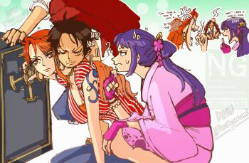  1boy 2girls ? aged_up anger_vein angry black_hair breasts closed_mouth coat coat_on_shoulders earrings english_text facial_hair facial_scar fingerless_gloves from_side gloves gold_choker gold_earrings hair_ornament head_bump highres hoop_earrings itstheenami japanese_clothes jewelry kimono kurozumi_tama large_breasts leaning_forward leaning_on_person listening long_hair monkey_d._luffy motion_lines multiple_girls nami_(one_piece) ninja obi one_piece open_mouth orange_hair pink_gloves pink_kimono pink_sash ponytail profile purple_hair red_coat red_shirt safe_(container) sash scar scar_on_cheek scar_on_face sharp_teeth shirt short_hair shoulder_tattoo single_sidelock squatting striped_clothes striped_shirt sweatdrop tattoo teeth twitter_username vertical-striped_clothes vertical-striped_shirt white_shirt 