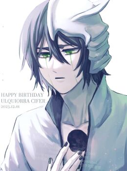  1046sstep_btoh 1boy arrancar black_hair black_nails bleach colored_skin commentary_request green_eyes hand_on_own_chest helmet hole_in_chest hole_on_body male_focus solo ulquiorra_cifer watermark white_skin 