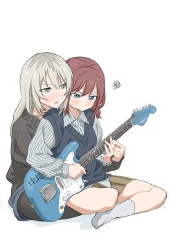  2girls absurdres black_pantyhose black_sweater blue_eyes blue_sweater_vest blush commentary electric_guitar girls_band_cry grey_eyes grey_hair guitar hei_taiyou highres holding holding_guitar holding_instrument instrument iseri_nina kawaragi_momoka long_hair multicolored_hair multiple_girls open_mouth pantyhose pout red_hair roots_(hair) shirt short_twintails simple_background socks squiggle striped_clothes striped_shirt sweatdrop sweater sweater_vest twintails white_background white_shirt white_socks yuri 