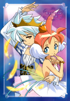  1boy 1girl ahiru_(princess_tutu) ahoge ballerina bare_shoulders blue_eyes border bracelet character_name copyright_name crown falling_feathers feathers highres jewelry long_eyelashes magical_girl multicolored_hair mytho_(princess_tutu) necklace official_art prince princess_tutu princess_tutu_(character) retro_artstyle scan shitajiki siegfried_(princess_tutu) tutu 