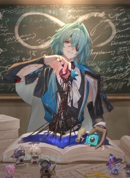  1boy anaxa_(honkai:_star_rail) aqua_hair ascot black_corset black_jacket book chain chalkboard character_doll commentary_request corset doll earrings eyepatch gem grin hair_between_eyes hair_intakes hand_up highres holding honkai:_star_rail honkai_(series) jacket jewelry lapels male_focus mandarin_collar medium_hair notched_lapels one_eye_covered open_book red_gemstone shirt side_ponytail single_earring smile solo table tanemaki_monaka teeth white_ascot white_shirt 