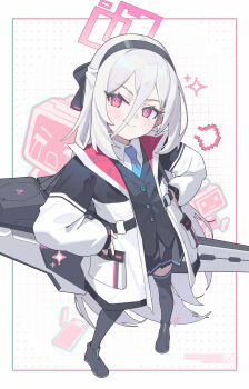  1girl absurdres ankle_boots black_boots black_bow black_hairband black_jacket black_skirt black_thighhighs black_vest blue_archive blue_necktie boots border bow bright_pupils buttons character_background chinese_commentary closed_mouth collared_shirt commentary_request crying double-parted_bangs full_body grid_background hair_between_eyes hair_bow hairband halo hands_on_own_hips highres jacket kei_(amas)_(blue_archive) kei_(blue_archive) kei_(new_body)_(blue_archive) kei_(robot)_(blue_archive) liangcha_jun long_bangs long_hair long_hair_between_eyes looking_at_viewer mouth_visible_through_hair multicolored_jacket necktie open_clothes open_jacket outside_border pink_eyes pink_halo pink_jacket pleated_skirt pocket railgun rectangular_halo ringed_eyes shirt sidelocks skirt smile solo split_mouth standing thighhighs two-sided_fabric two-sided_jacket v-shaped_eyebrows very_long_hair vest weapon weapon_on_back white_background white_border white_hair white_jacket white_shirt 