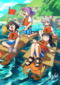  6+girls absurdres alternate_costume anger_vein angry animal_ears bird_wings black_hairband black_hat blue_hood blue_shorts boat bow brown_hair brown_wings buoy cat_ears clenched_teeth closed_eyes closed_mouth commentary_request contemporary dog_ears dog_girl doggo_1d34 eyeball floppy_ears fujiwara_no_mokou green_bow green_hair grey_hair hair_bow hair_ornament hairband hat hat_ribbon heart heart_hair_ornament help_me_erinnnnnn!! highres holding holding_oar holding_umbrella hood hood_up houraisan_kaguya inaba_tewi kaenbyou_rin kasodani_kyouko komeiji_koishi komeiji_satori kumoi_ichirin life_vest long_hair lying medium_hair multiple_girls murasa_minamitsu oar on_back open_mouth outdoors purple_hair purple_umbrella rabbit_ears rabbit_girl red_eyes red_hair reisen_udongein_inaba reiuji_utsuho ribbon sailor_hat shirt shorts siblings signature sisters sitting smile sweat tatara_kogasa teeth third_eye touhou twitter_username umbrella upper_body water watercraft white_hat white_shirt wings yellow_ribbon 