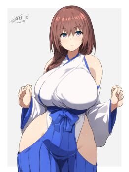  1girl bare_shoulders blue_bow blue_skirt border bow braid breasts brown_hair choppy_bangs closed_mouth clothing_cutout cowboy_shot curvy grey_background hair_between_eyes hakama hakama_skirt hands_up hip_vent huge_breasts japanese_clothes kimono long_hair long_sleeves looking_at_viewer original outside_border pink_eyes single_braid skirt smile solo white_border white_kimono wide_hips wide_sleeves yoshikawa_hideaki 