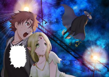  1girl 2boys absurdres aria_(tokiwa_kitareri!!) black_cloak black_hat blonde_hair blush breasts brown_hair cloak collarbone commentary_request curtained_hair dress elf flare floating from_below gem green_dress hat highres hood hoodie jacket mask matsuena_shun multiple_boys night official_art open_clothes open_jacket open_mouth parted_lips pointy_ears raised_inner_eyebrows shirt short_hair short_sleeves small_breasts sound_effects speech_bubble surprised sweat t-shirt teeth tokiwa_kitareri!! upper_teeth_only v-shaped_eyebrows yasaka_tokiwa_(tokiwa_kitareri!!) 