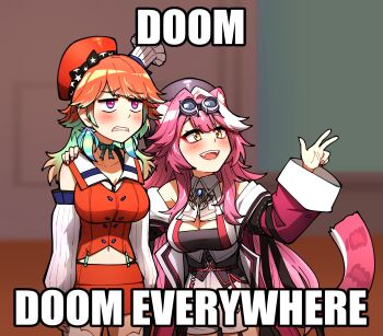 2girls animal_ear_fluff animal_ears beret black_tube_top bow bow_choker breasts chef_hat choker commentary ddolbang detached_sleeves earrings english_commentary feather_earrings feathers goggles goggles_on_head gradient_hair green_hair hat highres hololive hololive_english image_macro_(meme) jewelry large_breasts long_hair meme mini_chef_hat mini_hat multicolored_hair multiple_girls multiple_hats open_mouth orange_hair orange_skirt panther_ears panther_girl panther_tail pink_hair purple_eyes raora_panthera raora_panthera_(1st_costume) skirt smile strapless streaked_hair tail takanashi_kiara takanashi_kiara_(1st_costume) tube_top virtual_youtuber x_x_everywhere_(meme) yellow_eyes