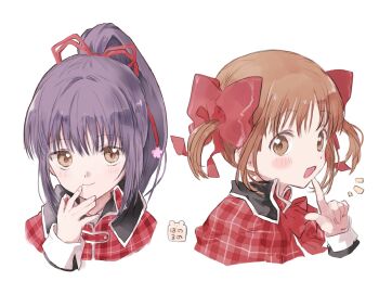  1boy 1girl blunt_bangs blush capelet commentary fujisaki_nadeshiko hano_luno highres notice_lines ponytail purple_hair red_capelet red_ribbon ribbon school_uniform shugo_chara! sidelocks simple_background smile twintails white_background yuiki_yaya 