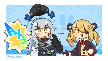  ! !! 2girls black_jacket blonde_hair blue_jacket border breasts closed_eyes english_text explosive eyepatch girls'_frontline girls'_frontline_2:_exilium gloves green_eyes grenade grey_hair hand_up highres hk416_(girls'_frontline) jacket klukai_(girls'_frontline_2) large_breasts lcron long_hair multicolored_jacket multiple_girls musical_note off_shoulder open_clothes open_jacket open_mouth partially_fingerless_gloves ponytail shirt skorpion_(girls'_frontline) speech_bubble speech_stab teardrop_facial_mark twintails twitter_username two-tone_jacket upper_body white_border white_jacket yellow_shirt 