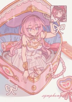  2girls arm_up armlet bare_arms bare_shoulders black_bow black_bowtie black_hat blue_eyes bow bowtie box bracelet breasts brown_eyes brown_hair cleavage closed_mouth comb commentary double-parted_bangs dress english_text flower frilled_dress frills from_above full_body gem gold_armlet gold_bracelet gold_hairband gold_trim grey_background hair_between_eyes hairband hat hat_flower heart heart-shaped_box heart_necklace highres in_box in_container jewelry light_blush long_hair looking_at_another luwwakk medium_breasts medium_dress megurine_luka meiko_(vocaloid) miku_symphony_(vocaloid) multiple_girls necklace pearl_necklace pink_bow pink_hair pout red_flower red_rose ribbon rose shadow simple_background sitting sleeveless sleeveless_dress solo_focus sparkle swept_bangs tsurime untranslatable_commentary unworn_jewelry unworn_necklace very_long_hair vocaloid white_dress white_ribbon 