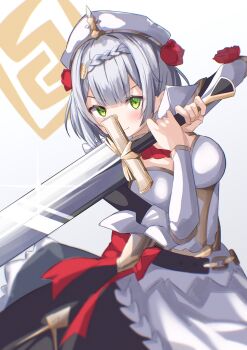  1girl apron beret blush bow braid breasts closed_mouth combat_maid detached_sleeves dress flower genshin_impact greatsword green_eyes hair_flower hair_ornament hat highres holding holding_sword holding_weapon looking_at_viewer maid maid_apron maid_headdress medium_breasts nagio_(kiona) noelle_(genshin_impact) red_bow short_hair silver_hair smile solo strapless strapless_dress sword weapon white_background white_dress white_hat 