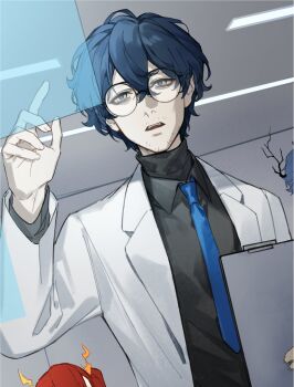  1boy 1girl alyssa_(project_moon) beard_stubble black_shirt blue_hair blue_necktie coat collared_shirt commentary_request facial_hair glasses highres hohenheim_(project_moon) indoors limbus_company male_focus necktie open_mouth project_moon red_hair round_eyewear sammorstrange shirt short_hair solo_focus standing stubble white_coat 