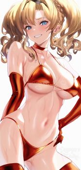  1girl absurdres bare_shoulders bikini blonde_hair blue_eyes blush braid breasts choker cleavage collarbone gloves granblue_fantasy grin hairband highres large_breasts long_hair looking_at_viewer navel red_bikini red_gloves red_thighhighs sidelocks smile solo swimsuit thighhighs twintails ulrich_(tagaragakuin) variant_set zeta_(granblue_fantasy)  rating:Sensitive score:12 user:danbooru