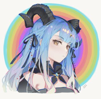  1girl absurdres arknights bang_dream! bang_dream!_it's_mygo!!!!! bare_shoulders black_horns black_ribbon blue_hair blue_shrimp blunt_bangs closed_mouth cropped_torso curled_horns detached_collar hair_ribbon highres horns long_hair looking_at_viewer ribbon sidelocks solo togawa_sakiko togawa_sakiko_(master_of_melodia) two_side_up upper_body yellow_eyes 