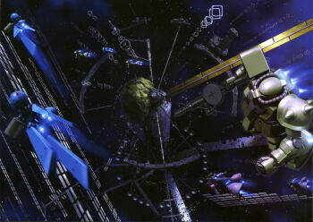  artist_request asteroid cable dra-c gun gundam gundam_0083 gundam_perfect_file highres holding holding_gun holding_weapon machinery magazine_scan male_focus mecha mecha_focus mobile_suit nebula o'neill_cylinder official_art painting_(medium) realistic retro_artstyle rick_dom robot scan scene_reference science_fiction solar_panel space_station star_(sky) thrusters traditional_media weapon zaku_ii zeon 