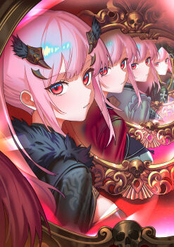  1girl absurdres black_dress commentary different_reflection dress english_commentary fluffycatfish fur_trim gold_trim highres hololive hololive_english hololive_idol_uniform_(bright) hololive_idol_uniform_(color_rise) looking_at_viewer looking_back mori_calliope mori_calliope_(grimoire) mori_calliope_(jigoku_6) multiple_persona multiple_reflections official_alternate_costume official_alternate_hairstyle parted_lips pink_hair red_eyes red_shirt reflection reflection_focus shirt sidelocks virtual_youtuber 