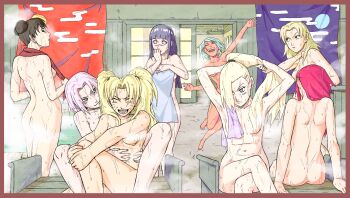  absurdres adjusting_hair alternate_hairstyle armpits arms_up ass bare_back bathhouse bench between_legs blonde_hair blue_eyes blunt_bangs blush breasts brown_eyes brown_hair canon_genderswap closed_eyes completely_nude convenient_arm convenient_censoring covering_privates covering_self crossed_arms dark-skinned_female dark_skin facing_viewer female_focus fuu_(naruto) genderswap genderswap_(mtf) grabbing_from_behind green_eyes green_hair hair_censor hair_down haruno_sakura highres hyuuga_hinata implied_yuri ino_yamanaka jealous karin_(naruto) laughing looking_at_another medium_breasts multiple_girls naruko_(naruto) naruto_(series) naruto_shippuuden nude official_style onsen pale_skin playing ponytail purple_eyes purple_hair roboartist running sexy_no_jutsu shounen_jump sitting sliding_doors small_breasts smile spread_legs standing steam temari_(naruto) tenten_(naruto) tickling torso_grab towel towel_around_neck transformation tying_hair uzumaki_naruto water wet yamanaka_ino yuri 