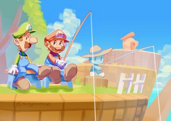  3boys big_nose blue_overalls brown_eyes brown_hair brown_shoes closed_eyes facing_another fishing fishing_rod gloves green_hat green_shirt hashtag-only_commentary hat highres holding holding_fishing_rod initial legs_apart long_sleeves looking_at_another looking_to_the_side luigi mario_&amp;_luigi:_brothership mario_&amp;_luigi_rpg mario_(series) monyorun multiple_boys nintendo on_stool outdoors overalls red_hat red_shirt shirt shoes short_hair sideburns sitting twitter_username white_gloves 
