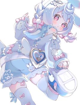  1girl ass bandaid blue_boots blue_hair blue_shirt blue_shorts blush boots braid from_behind genshin_impact hair_ornament hairclip koronothu leaning_forward leg_up long_hair looking_back red_eyes shirt shorts sigewinne_(genshin_impact) solo standing standing_on_one_leg thighhighs thighs white_thighhighs 