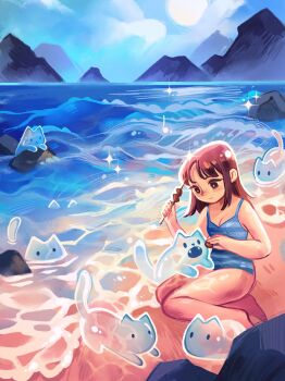  1girl animal barefoot beach blush breasts brown_hair cat cleavage closed_mouth feefal food full_body highres long_hair mountainous_horizon nose_blush ocean one-piece_swimsuit original rock shish_kebab sitting smile solo swimsuit 