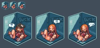  ! !! ... 1girl ? after_vaginal aftersex backwards_hat bandaid bandaid_on_leg baseball_cap black_hat blonde_hair blue_buruma bottomless buruma commentary_request cum cum_in_pussy diorama graffiti grey_background hat jacket jitome loli long_hair lying omunikin on_back original pixel_art profanity pussy red_jacket shoes simple_background spoken_ellipsis spoken_exclamation_mark spoken_question_mark spread_legs 