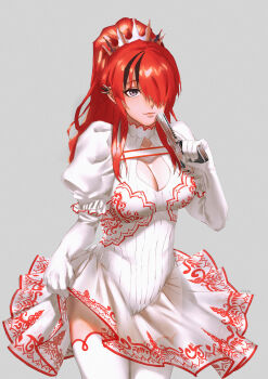  1girl absurdres alternate_costume black_hair breasts cleavage cleavage_cutout closed_mouth clothing_cutout commentary_request cowboy_shot dress ear_piercing elbow_gloves gloves grey_background grey_eyes gun hair_over_one_eye hand_up handgun highres holding holding_gun holding_weapon lain_paterson lips long_hair looking_at_viewer multicolored_hair nijisanji piercing puffy_short_sleeves puffy_sleeves red_hair short_sleeves simple_background skirt_hold solo streaked_hair thighhighs trigger_discipline virtual_youtuber weapon white_dress white_gloves white_thighhighs yosihito 