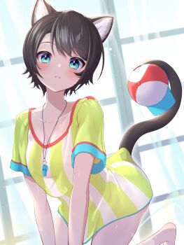  1girl animal_ears barefoot baseball_cap black_hair blue_eyes cat_ears cat_girl cat_tail closed_mouth commentary_request curtains hareteruya hat hat_on_tail highres hololive indoors kemonomimi_mode kneeling looking_at_viewer no_pants oozora_subaru oozora_subaru_(1st_costume) red_hat shirt short_hair short_sleeves solo striped_clothes striped_shirt swept_bangs t-shirt tail tail_under_clothes two-tone_headwear two-tone_shirt vertical-striped_clothes vertical-striped_shirt virtual_youtuber whistle whistle_around_neck white_hat white_shirt window yellow_shirt 