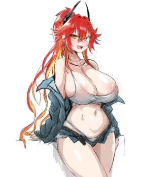  1girl bandaid bandaid_on_face bandaid_on_nose black_horns camisole denim denim_jacket gauze gauze_on_nose geist43195783 goddess_of_victory:_nikke highres horns jacket mechanical_horns official_alternate_costume official_alternate_hairstyle red_hair red_hood_(nikke) red_hood_(retro_days)_(nikke) simple_background solo white_background white_camisole yellow_eyes 