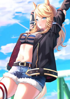  1girl animal_ears arms_behind_head bandeau belt black_belt black_jacket blonde_hair blue_eyes blue_shorts blue_sky blush bow breasts cloud commentary cutoffs denim denim_shorts ear_bow gold_city_(authentic/1928)_(umamusume) gold_city_(umamusume) guram horse_ears horse_girl horse_tail jacket long_hair long_sleeves medium_breasts midriff navel open_clothes open_jacket open_mouth outdoors shorts sky smile solo strapless stretching striped_bandeau tail teeth thigh_strap tube_top umamusume upper_teeth_only 