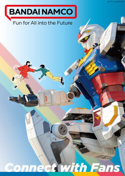  1boy 1girl ankle_socks bandai_namco black_hair black_shoes commentary_request company_name copyright_notice earth_federation eguchi_hisashi english_text floating grabbing_another's_arm green_sweater gundam highres long_hair looking_at_another mecha mobile_suit mobile_suit_gundam official_art on_one_knee pants rainbow red_sweater robot rx-78-2_gundam shoes short_hair socks sweater third-party_source white_socks yellow_eyes yellow_pants 