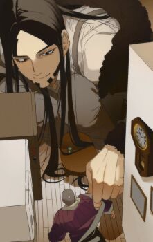  2boys beard black_eyes black_hair buzz_cut facial_hair fur-trimmed_jacket fur_trim giant golden_kamuy grey_hair hinna_anything indoors jacket long_hair male_focus multiple_boys oosawa_fusatarou shiraishi_yoshitake shirt short_hair sideburns size_difference smile sweatdrop very_short_hair 