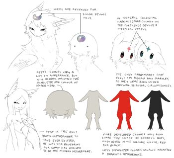  2boys 3girls :< :3 animal_ears aqua_eyes body_fur chest_eye closed_mouth commentary creature crescent_ornament english_commentary english_text facial_mark forehead_jewel forehead_mark fraid guide human_head information_sheet jejejunum martlet_(jejejunum) monster_boy multiple_boys multiple_girls narrowed_eyes neck_fur nethermare no_mouth no_nose original pest_(jejejunum) red_eyes risoria_(jejejunum) secret_(jejejunum) simple_background sketch solid_circle_eyes solid_oval_eyes star_(symbol) traditional_harpy veins whisper_(jejejunum) white_background 