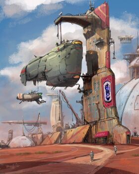  aircraft blue_sky building cloud commentary day english_commentary grand_scale manavu original outdoors people scenery science_fiction shadow signature sky watermark 