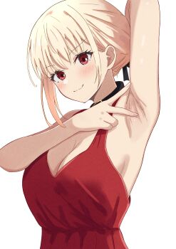 1girl absurdres arm_behind_head arm_up armpits azakura_(beniyomogi) bare_arms black_collar blonde_hair blush breasts cleavage closed_mouth collar commentary_request dress highres large_breasts looking_at_viewer lycoris_recoil nishikigi_chisato presenting_armpit red_dress red_eyes short_hair simple_background smile solo upper_body v white_background 
