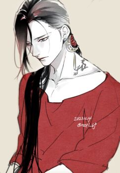  1boy banana_fish bishounen black_hair closed_mouth collarbone commentary_request dated earrings hair_over_shoulder hair_ribbon jewelry lee_yue-lung limited_palette long_hair looking_down low_ponytail male_focus neck_tattoo pale_skin ponytail red_ribbon red_shirt ribbon shirt signature simple_background single_earring solo tattoo twitter_username upper_body ykmr_(haga) 