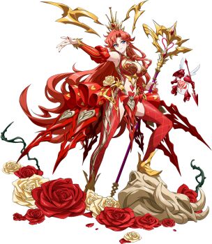 1girl absurdres bare_shoulders blue_eyeshadow brambles breasts uneven_footing celica_(langrisser) cherub cleavage cleavage_cutout closed_mouth clothing_cutout crown curtained_hair detached_sleeves earrings eyeshadow floating floating_crown floating_hair floating_object flower flower_ornament full_body game_cg gem gold_crown gold_earrings gold_shoes gold_trim hair_between_eyes heart heart_earrings heart_print highres holding holding_staff holding_weapon jewelry langrisser langrisser_mobile large_breasts long_hair looking_at_viewer mage_staff makeup nail_polish official_alternate_costume official_art outstretched_arm outstretched_hand pantyhose pantyhose_cutout parted_bangs puffy_sleeves purple_eyes red_flower red_gemstone red_hair red_nails red_pantyhose red_rose red_shirt red_skirt red_sleeves revealing_clothes rose second-party_source shirt shoes showgirl_skirt simple_background skirt skull smile solo staff standing standing_on_object stomach tachi-e thigh_cutout thorns transparent_background uneven_footing vertical-striped_sleeves very_long_hair weapon white_flower white_rose