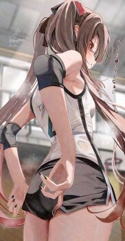  1girl adjusting_clothes adjusting_shorts alternate_costume black_hair black_nails black_shorts breasts brown_hair commentary_request elbow_pads flower flower-shaped_pupils from_behind genshin_impact hair_flower hair_ornament highres hu_tao_(genshin_impact) kabu_usagi long_hair looking_at_viewer pout red_eyes revision shirt shorts signature sleeveless sleeveless_shirt solo sportswear symbol-shaped_pupils twintails twitter_username volleyball_uniform white_jersey 