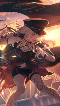  1girl belt black_hair blonde_hair blue_eyes breasts cape choker cleavage cloud detached_sleeves fishnets flag gakuen_idolmaster game_cg hat holding holding_microphone idol_clothes idolmaster jewelry juo_sena microphone multicolored_hair nail_polish navel necklace official_art open_mouth our_chant_(idolmaster) peaked_cap short_shorts shorts single_thighhigh solo sunset thighhighs 