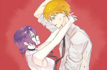  1boy 1girl arms_around_neck black_necktie blonde_hair chainsaw_man cheshire_nek denji_(chainsaw_man) green_eyes hair_bun highres necktie purple_hair red_background reze_(chainsaw_man) shirt short_hair sleeveless sleeveless_shirt sleeves_rolled_up sweatdrop white_shirt 