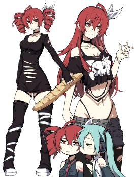  >_< 2girls :/ absurdres alternate_costume alternate_hairstyle aqua_hair arm_tattoo baguette black_choker black_leg_warmers black_shirt bread breasts choker cigarette commentary cropped_shirt drill_hair expressionless food from_side furrowed_brow grey_skirt hair_down hair_ribbon hatsune_miku headphones highleg highleg_panties highres holding holding_bread holding_cigarette holding_food kasane_teto kasane_teto_(sv) kasane_teto_(utau) kekel kiss kissing_cheek leg_warmers lowleg lowleg_skirt medium_breasts multiple_girls multiple_views navel off-shoulder_shirt off_shoulder panties panty_straps parted_lips red_hair ribbon shirt shoes simple_background skindentation skirt skull_print sleeveless sleeveless_shirt standing synthesizer_v tattoo thigh_strap torn_clothes torn_shirt twin_drills twintails underwear utau vocaloid white_background white_ribbon white_shoes wing_collar yuri 