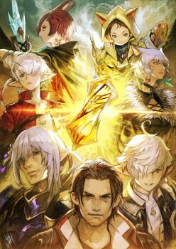  3girls 4boys adventurer_(ff14) alisaie_leveilleur alphinaud_leveilleur animal_ears animal_hood brown_hair cat_ears cat_hood elezen elf estinien_varlineau final_fantasy final_fantasy_xiv g'raha_tia highres hood hyur krile_baldesion_(ff14) lalafell mage_staff miqo'te mogi_yuusuke multiple_boys multiple_girls official_art pointy_ears promotional_art red_hair smile staff warrior_of_light_(ff14) white_hair y'shtola_rhul 