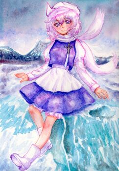  1girl absurdres apron closed_eyes commentary english_commentary full_body highres horrible_(1312777) lapel_pin letty_whiterock long_hair looking_at_viewer medium_hair mountainous_horizon scarf snow solo touhou triangular_headpiece waist_apron white_hair white_scarf 