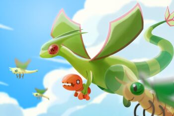  blue_sky cloud colored_skin day evolutionary_line flygon flying gen_3_pokemon green_eyes green_skin highres multicolored_skin nintendo no_humans orange_skin outdoors pokemon pokemon_(creature) pokemon_concierge sky tail trapinch two-tone_skin vibrava yo_xeph 