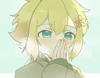  1boy alternate_costume basil_(faraway)_(omori) basil_(omori) blonde_hair blue_eyes blush close-up coat commentary_request covering_own_mouth double-parted_bangs green_coat hair_between_eyes long_sleeves male_focus omori oreo_main short_hair sidelocks solo upper_body 